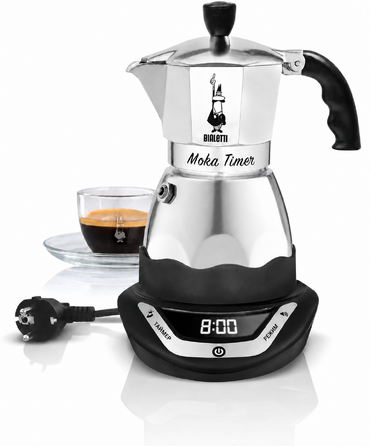 Електрична кавоварка Bialetti Moka з таймером, 6 чашок, 365 Вт, сріблясто-чорна