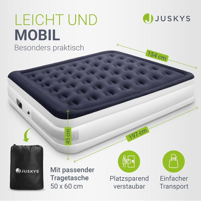 Надувний матрац Juskys 150x200 см з самонадуваємою системою - двомісний, для гостей та кемпінгу, водовідштовхувальний, блакитно-білий