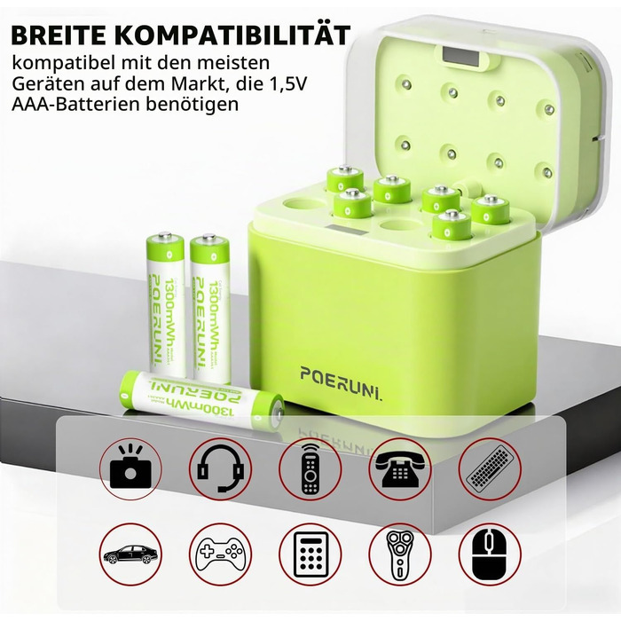 Набір акумуляторів POERUNI AAA 1.5V (8 шт) з USB-C зарядним пристроєм, перезарядні батарейки з швидкою зарядкою, зелені