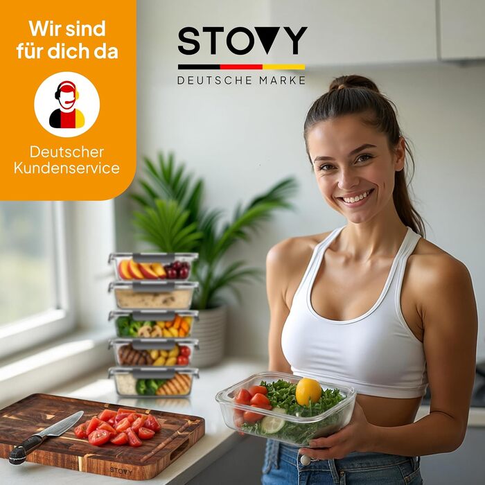 Набір скляних контейнерів для їжі STOVY Meal Prep з кришками, 5 шт по 1040 мл