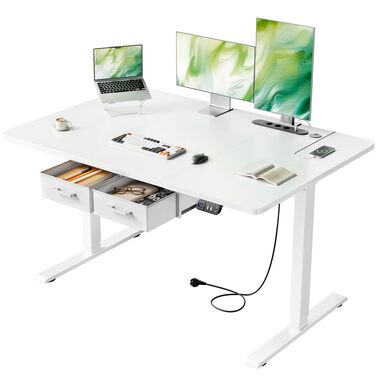 Електричний підйомний стіл HLONONE з шухлядами, розетками та USB-портом, стіл для роботи стоячи з функцією пам'яті, білий, 120 x 80 см