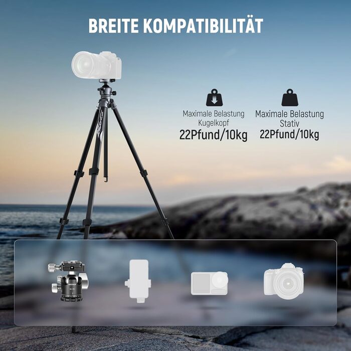 Алюмінієвий штатив NEEWER LITETRIP LT07 155 см для камери, кульова голівка, Arca та Peak Design сумісність, тримач для телефону, вантажопідйомність 10 кг
