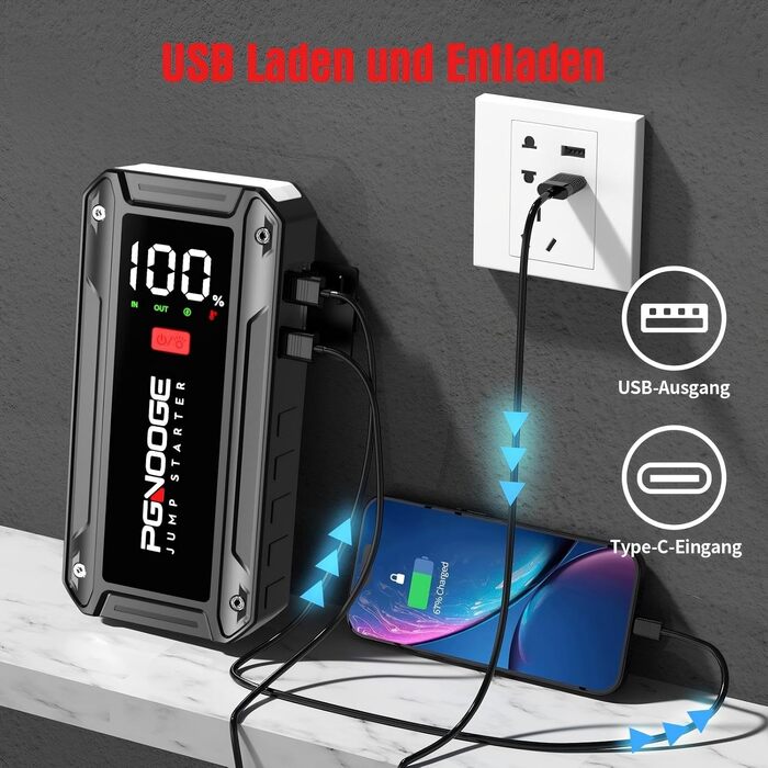 Бустер автомобільного акумулятора Starthilfe Powerbank 26800mAh 6000A з LED-ліхтарем та дисплеєм для авто, SUV, мотоциклів та газонокосарок, чорний