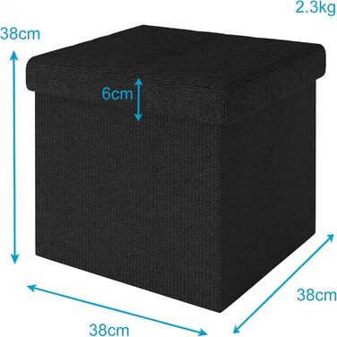Складаний пуф INTIRILIFE 38x38x38 см, чорний, з кришкою та відсіком для зберігання, тканинний куб для сидіння та підставка для ніг