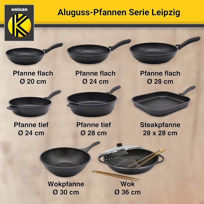 Алюмінієвий вок KRÜGER Leipzig 36 см з антипригарним покриттям, скляною кришкою та аксесуарами — ідеальний для овочів, локшини та рису