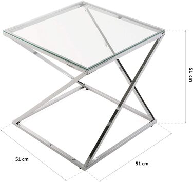 Стіл журнальний Versa Trento, скло і метал, срібний, 51x51x51 см, для вітальні, спальні чи кухні, сучасний низький стіл
