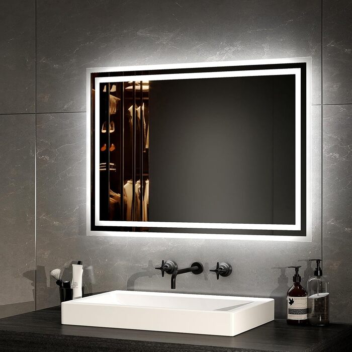 LED дзеркало для ванної кімнати EMKE 40x60 см з підсвічуванням, антизапарювання, регулювання кольору світла, сенсорне керування, алюмінієва рама, IP44, енергозбереження