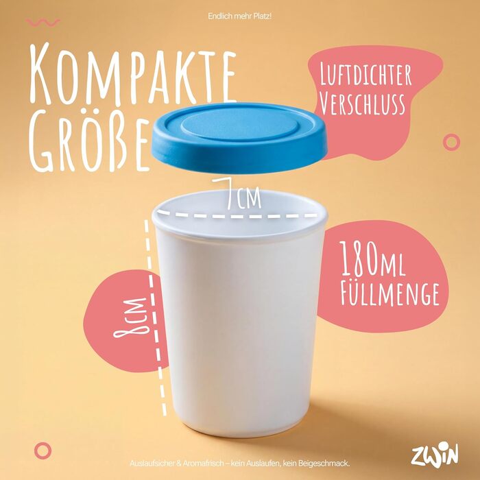 Zwin® Набір 6 міні-контейнерів для морозива з силіконовою кришкою, для зберігання морозива, дитячого харчування та приготування їжі, без BPA