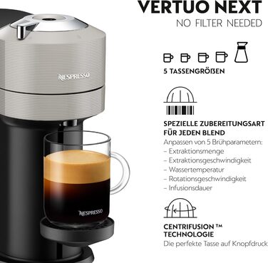 Nespresso Krups XN910B Vertuo Next: Кавомашина капсульна, 1.1л, розпізнавання капсул, 6 розмірів, сірий