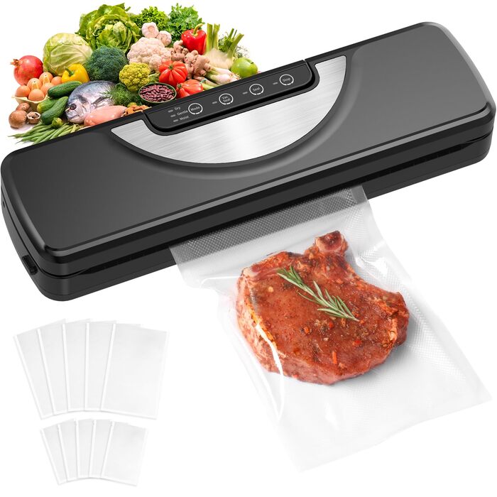 Вакууматор 5 в 1 для продуктів з вбудованим різаком та функцією Sous Vide, вакуумний пакувальник з набором пакетів та шлангом, чорний