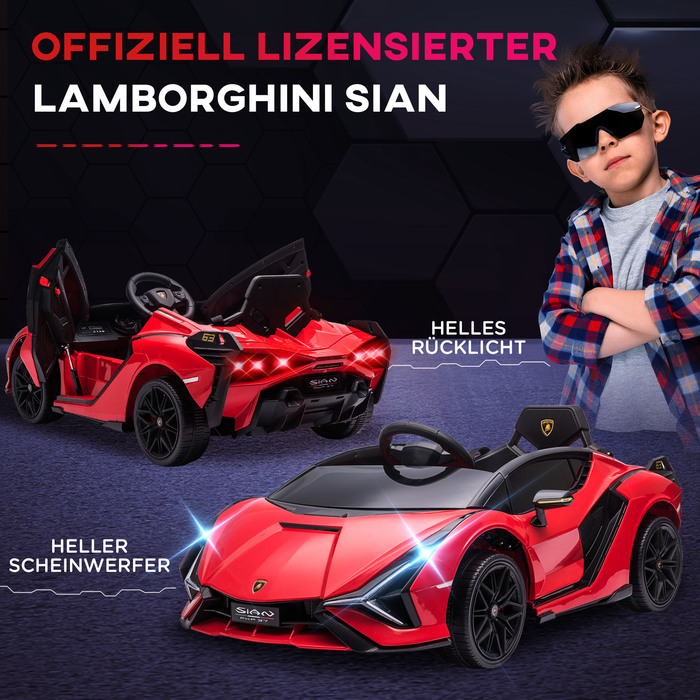 Дитячий електромобіль 12V, 2 режими руху, Lamborghini Sian SUV, іграшковий електромобіль з пультом дистанційного керування, музикою (MP3/USB), світлом, для дітей 3-5 років (37-60 місяців), металевий, червоний, розміри: 108 x 62 x 40 см