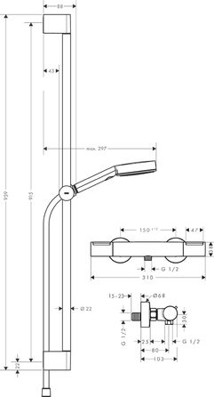 Змішувач для ванної Hansgrohe Ecostat Element накладний з термостатом (SafetyStop 40°C), для 2 споживачів, комплект з водозберігаючим душем та штангою 90 см (хром)