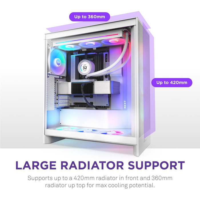 Корпус NZXT H7 Flow RGB білого кольору, Mid-Tower ATX з ефективною вентиляцією, комплектується RGB-вентиляторами, підтримка підлогових вентиляторів для прямого охолодження GPU, сумісний з 360 мм вентиляторами у єдиній рамі