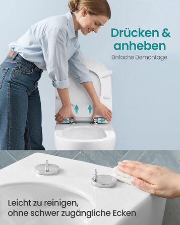 Кришка для унітаза SONGMICS з мікроліфтом (D-подібна, коротка), матеріал Urea-Duroplast, біла, витримує до 300 кг, зі швидким монтажем та ручкою