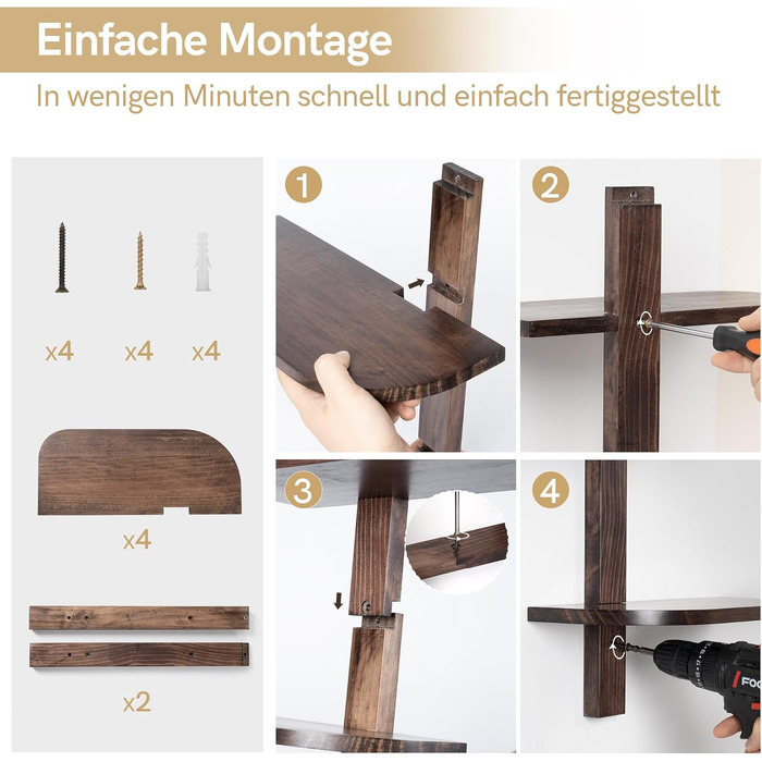 Настінна полиця Afuly Wandregal Holz Vintage, 4-х рівнева, коричнева – підвісна полиця з масиву дерева для ванної, кухні, вітальні