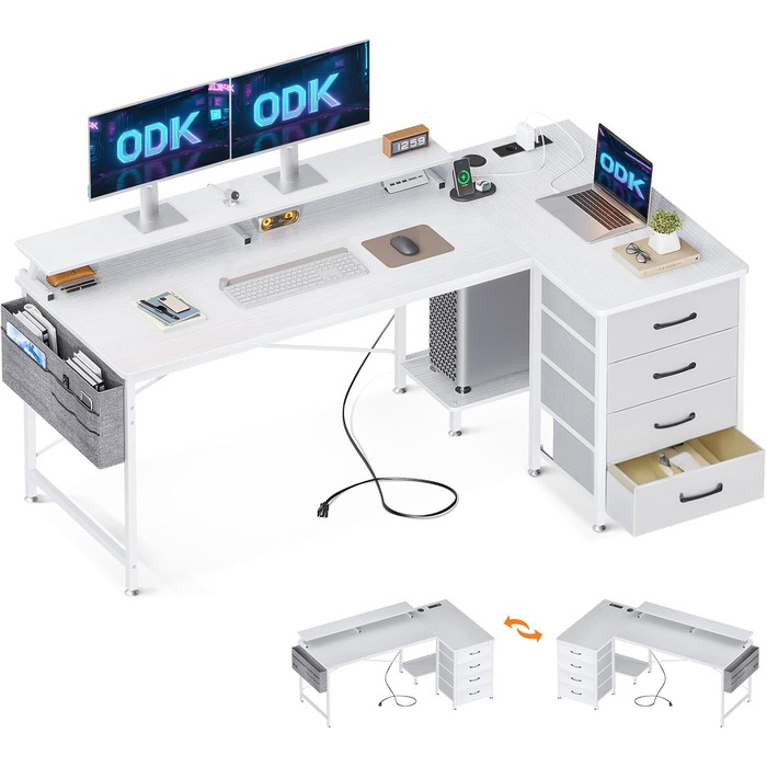 Кутовий письмовий стіл ODK білий L-подібний 160x80x84,7 см з 4 шухлядами, USB, розетками та полицею для монітора для домашнього офісу