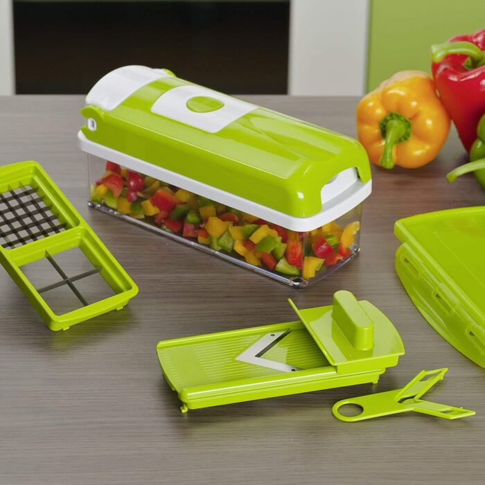 Овочерізка Genius Nicer Dicer Smart 13 в 1, багатофункціональна мандоліна для нарізки, шинкування, кубиків, соломки, чистки та зберігання овочів і фруктів, kiwi-зелений колір
