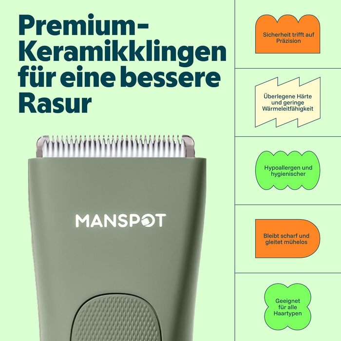 Триммер для тіла MANSPOT Intimrasierer, професійний водонепроникний тример для чоловіків з 4 насадками для інтимної зони, грудей, ніг та пахв – для сухого та вологого гоління (Зелений)