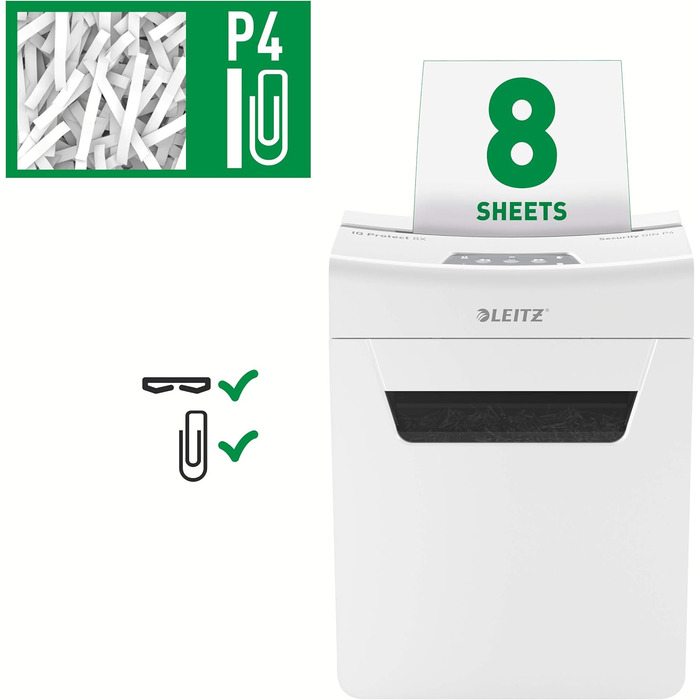 Leitz IQ 10X Premium Protect: Шредер для документів P4, 8 листів, частинковий різання, білий, для офісу та дому, сертифікований TÜV+GS