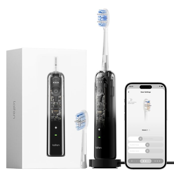 Електрична зубна щітка Laifen Wave Pro з 6 режимами чищення, акумулятор до 70 днів, прозорий чорний колір