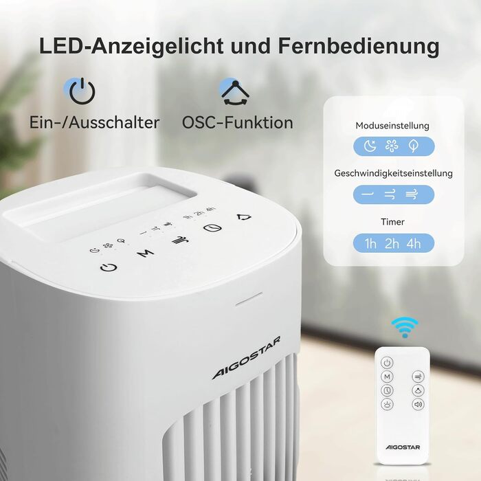 Вентилятор Tower Aigostar Turmventilator з пультом, 70° осциляція, таймер 7 год, 3 режими/швидкості, енергоефективний, 2 шт.