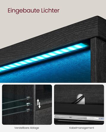 TV-тумба VASAGLE Kailyn LTV331T10 чорна з LED підсвіткою під телевізор до 70 дюймів, з полицями та шафками для вітальні