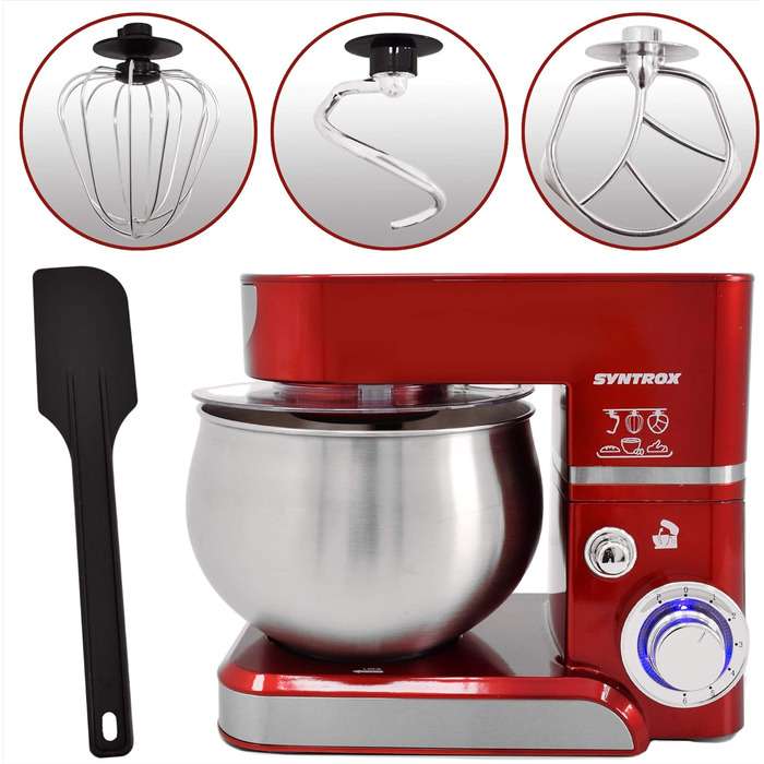Кухонна машина Syntrox Germany KM-5.0L Basic Red, 5 л, з нержавіючої сталі, червона, тістоміс