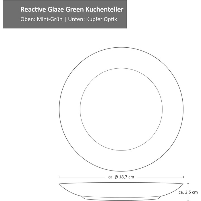 MamboCat Кавовий сервіс 18 предметів Green Reactive Glaze для 6 осіб. Керамічний набір ручної роботи з ефектом м'ятиного кольору та мідною окантовкою (6 чашок, 6 тарілок, 6 десертних тарілок).