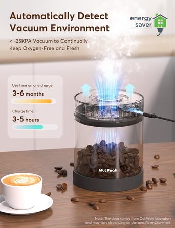 OUTPEAK Neo 2025 Kilo Auto-Vakuum-Kaffeedose: Контейнер для кави з автоматичним вакуумом, 1,5 л, для 500 г кавових зерен, з нержавіючої сталі, для бариста, чорний матовий (SG750)