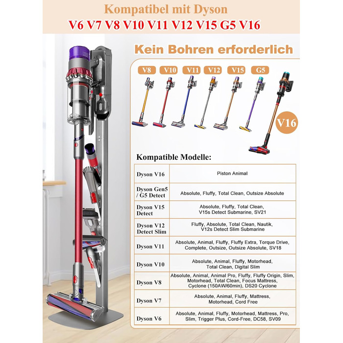 Металевий стійка-тримач для пилососа JUPELI, сумісна з Dyson V16, Gen5, V15, V12, V11, V10, V8, V7, V6 — підставка для зберігання пилососа та аксесуарів, без свердління (Сріблястий)