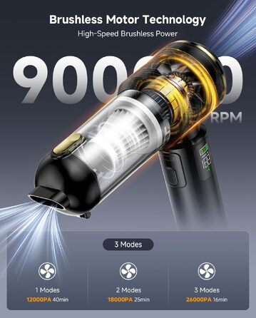 Акумуляторний ручний пилосос для автомобіля 26kPa з LED-дисплеєм, потужний портативний автопилосос, чорний