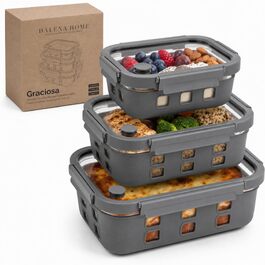 Набір скляних контейнерів для їжі Meal Prep Graciosa (3 шт), герметичні з кришками, об'ємом 640 мл, 1020 мл та 1520 мл