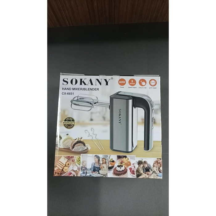 Ручний міксер SOKANY 800Вт з нержавіючої сталі, 5 швидкостей, вихідна кнопка, 2 гаки для тіста та 2 вінички (CX-6651)
