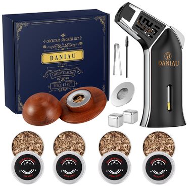 Набір для копчення коктейлів Cocktail-Räucher-Kit з факелом, 4 смаки, дерев'яна стружка для віскі, набір для приготування коктейлів у старомодному стилі, інфузер для копчення напоїв Bourbon з багаторазовими кубиками льоду, чорний