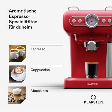 Кавомашина еспресо Klarstein Espressionata evo з капучинатором, 1.2л, 950 Вт, нержавіюча сталь, червона – ретро міні-кавоварка для капучино, лате та макіато