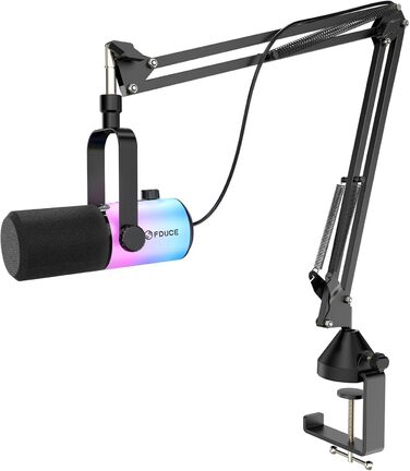 Ігровий мікрофон FDUCE з USB/XLR підключенням для стрімінгу, запису подкастів та ігор. RGB-підсвічування, регулювання чутливості, навушник, кріплення-павук (D20+)