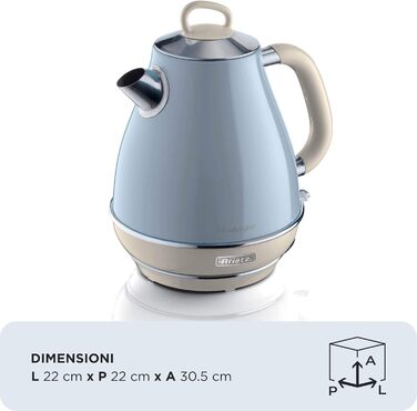 Електричний чайник Ariete Vintage 2869, 1.7 л, блакитний, з нержавіючої сталі, з підсвічуванням рівня води, бездротовий, з автоматичним відключенням, з ситом для чаю, 2000 Вт