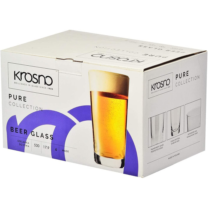 Набір склянок для пшеничного пива Krosno Pure 530 мл, 6 шт — пивні келихи для дому, ресторанів і вечірок, можна мити в посудомийці