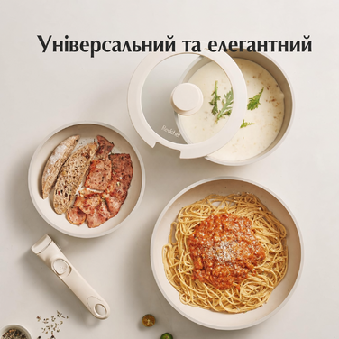Набір керамічного посуду Redchef для кемпінгу, 5 предметів, знімна ручка, без PTFE/PFAS/PFOA, компактний, для індукції та посудомийки, бежевий