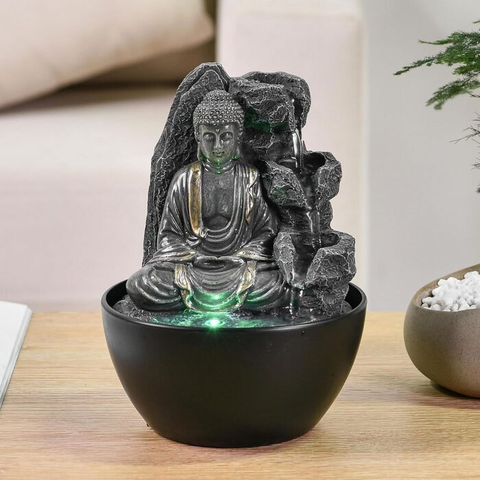 Декоративний кімнатний фонтан Будда з LED-підсвіткою, водоспад, Zen Feng Shui, Revata Zen'Light, 18 см – подарунок для дому, талісман на удачу