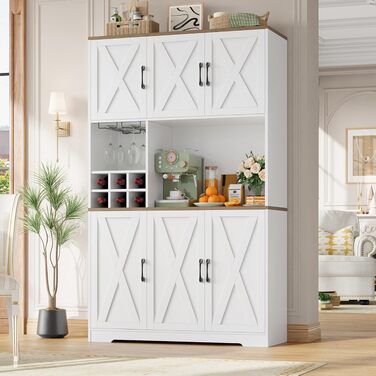 Кухонна шафа-буфет HOCSOK 106x180 см, біло-коричнева бічна тумба (sideboard) з 6 дверцятами, знімним тримачем для пляшок та келихів, шафа для продуктів у вітальню та їдальню
