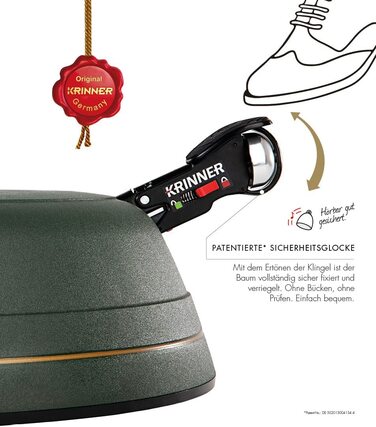 Підставка для ялинки KRINNER Ultra Grip XXL з механізмом Einseiltechnik, педаллю та замком-дзвоном, об'єм 11 л, висота ялинки до 4 м, Made in Germany, зелений матовий колір