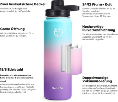 Термобутиль HydroPal з нержавіюючої сталі 1200 мл, BPA-free, вакуумна ізоляційна пляшка для спорту та подорожей, 24г холоду/12г тепла, герметична, з соломинкою та 2 кришками