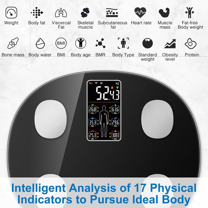 Розумні ваги INSMART 227 кг, цифрові, Bluetooth, аналізатор складу тіла, 18 показників, 30x30 см, мобільний додаток, вимірювання ІМТ, жиру, м’язів, пульсу