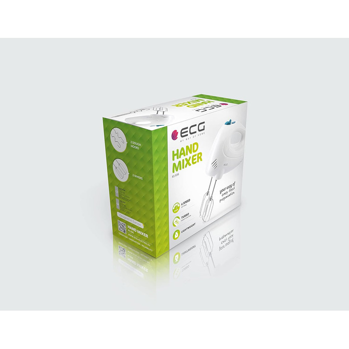 Міксер ECG RS 836, 175-250 Вт, 6 швидкостей, турбо, захист, 2 віночки, 2 гачки для тіста