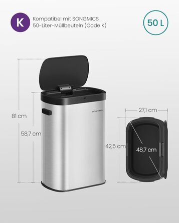 SONGMICS Відро для сміття з сенсором, автоматичне, 50 л, відкриття рухом руки або дотиком, Softclose-кришка, сталь, з 15 мішками для сміття, LTB640B02 (металік срібло + чорний)