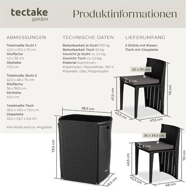 Садовий бістро-набір із поліротангу tectake, компактний, 2 стільці і стіл, меблі для саду, балкона та тераси, чорний