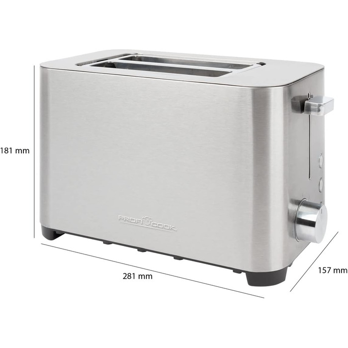 Тостер ProfiCook PC-TA 1251, 2 тостових слоти, нержавіюча сталь, широкий слот, знімна насадка для булочок, регульований ступінь підсмажування, піддон для крихт, кабельний відсік