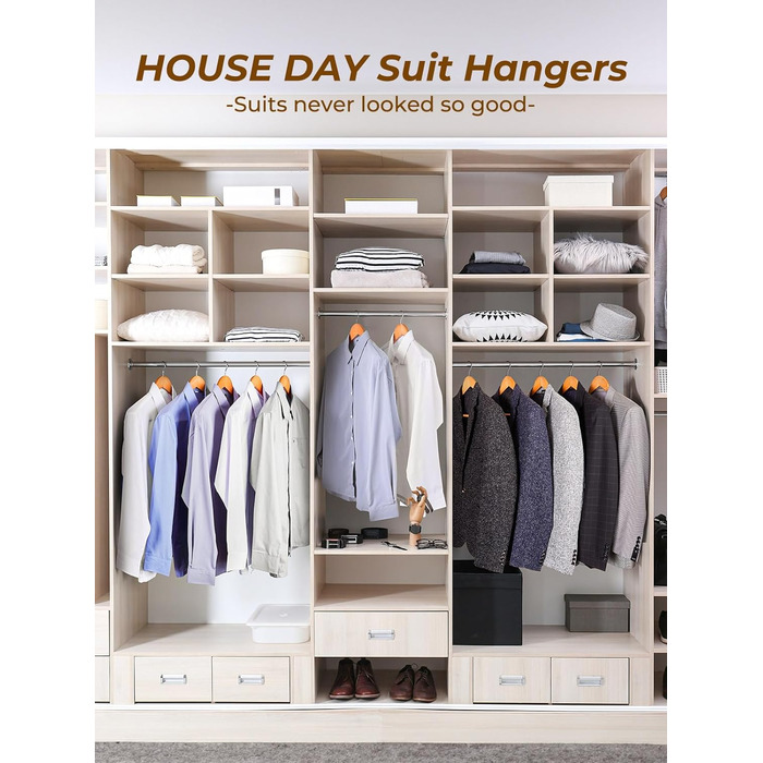 Дерев'яні вішалки HOUSE DAY для костюмів, 6 шт, широкі плечі, нековзкі, з обертовим гачком, для піджаків, сорочок, пальт, штанів, натуральний колір