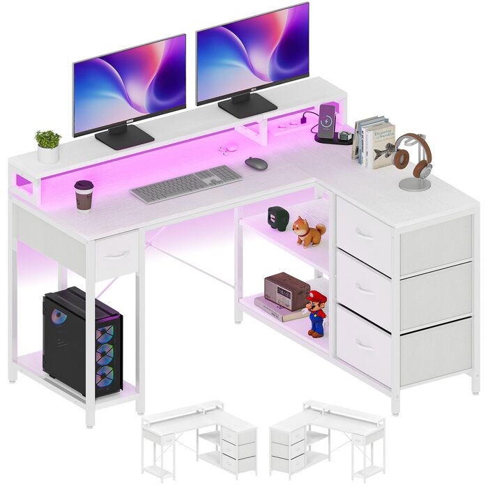 Письмовий стіл кутовий YITAHOME з USB-зарядом та розеткою, 4 шухляди, поличка, підставка під монітор, 140x100 см, білий
